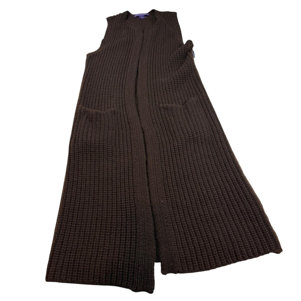 Ralph Lauren Purple Label Sleeveless Long Chunky Knit Cardigan Vest Brown M/L - Picture 7 of 13